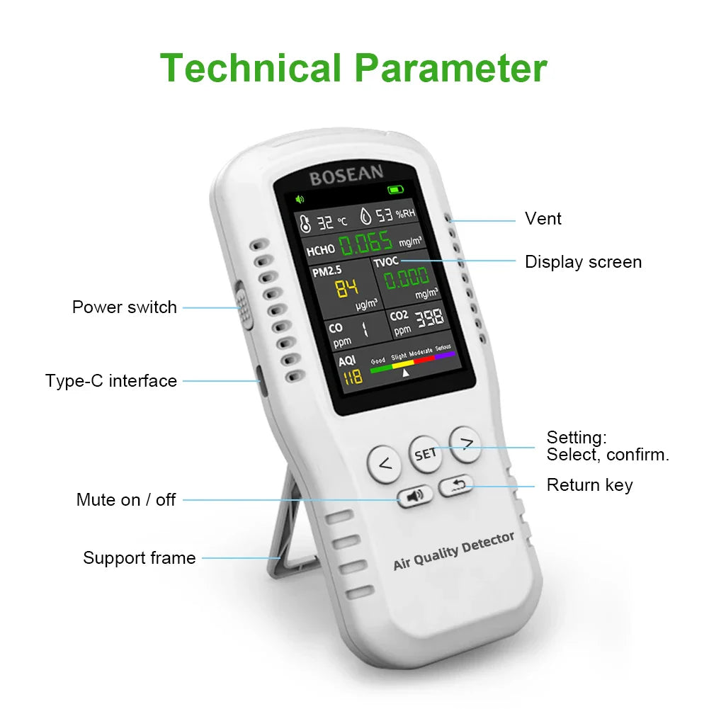 KTX-995539 Multi Gas Air Quality Detector with PM2.5, PM10, HCHO, TVOC, Temperature & Humidity Analysis