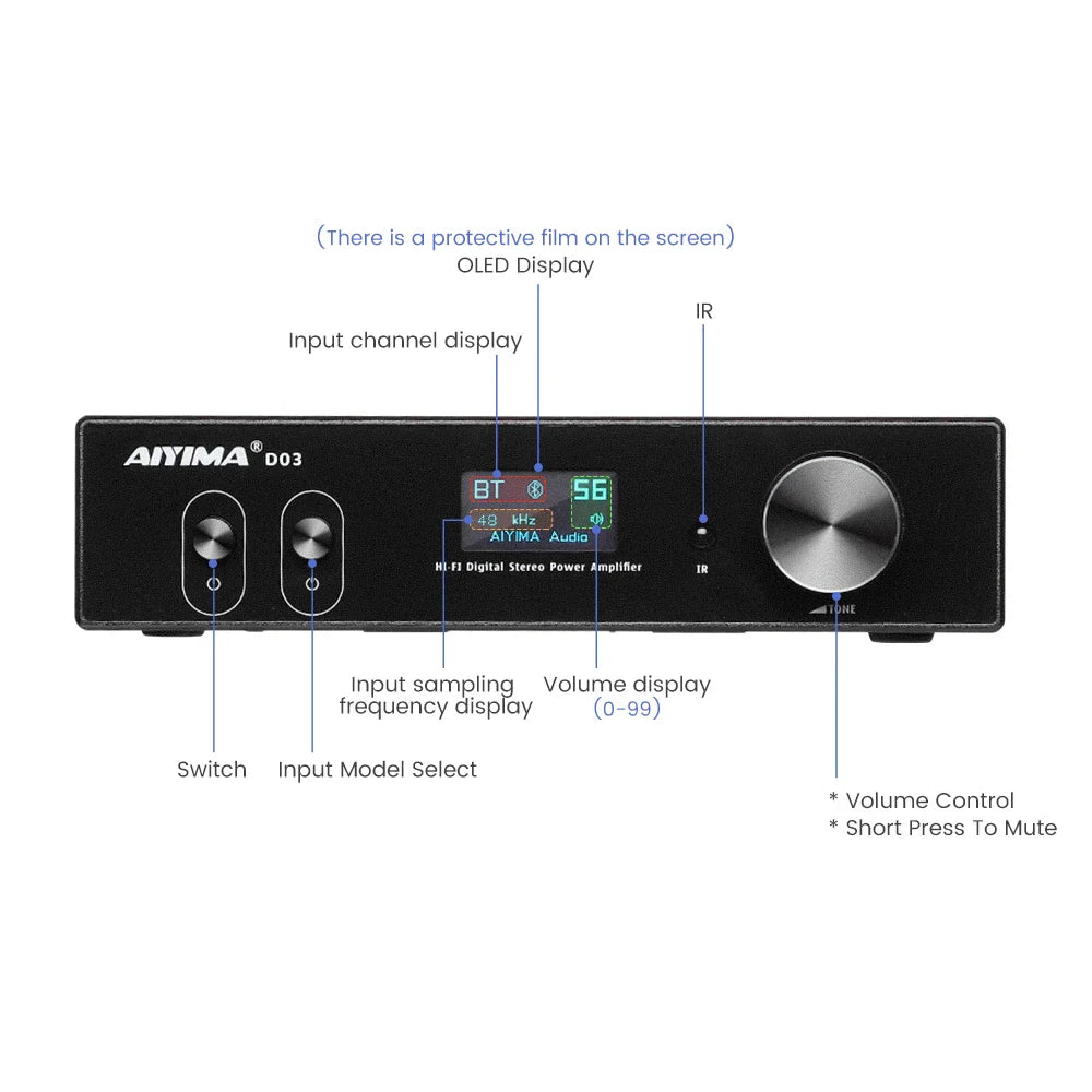 KTX-891795 150W Dual-Channel Bluetooth HiFi Amplifier with USB DAC and OLED Display for 2.1 Home Theatre System