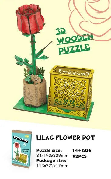 KTX-085267 3D Wooden Jigsaw Puzzle Flower Model Kit - Red Rose Educational Craft for Kids and Adults