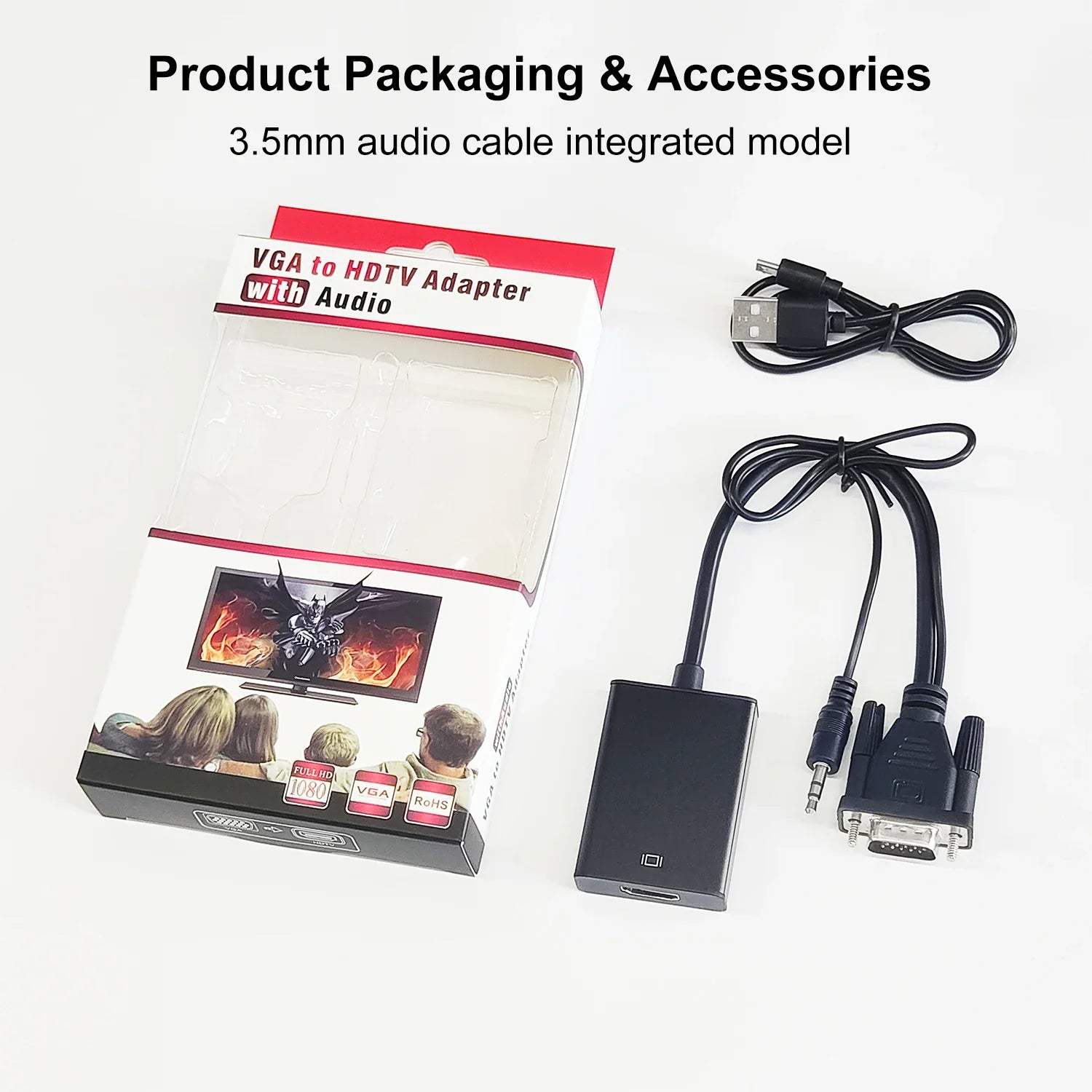 KTX-354003 VGA to HDMI Adapter with 3.5mm Audio Output for PC, Laptop, and Projector - Supports 1080P Resolution