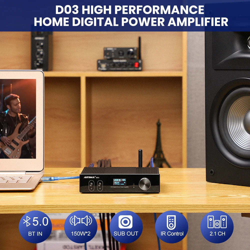 KTX-891795 150W Dual-Channel Bluetooth HiFi Amplifier with USB DAC and OLED Display for 2.1 Home Theatre System