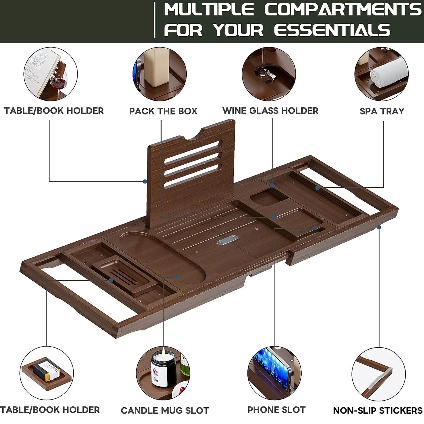KTX-416147 Expandable Bamboo Bathtub Caddy Tray for Relaxing Bath Experience