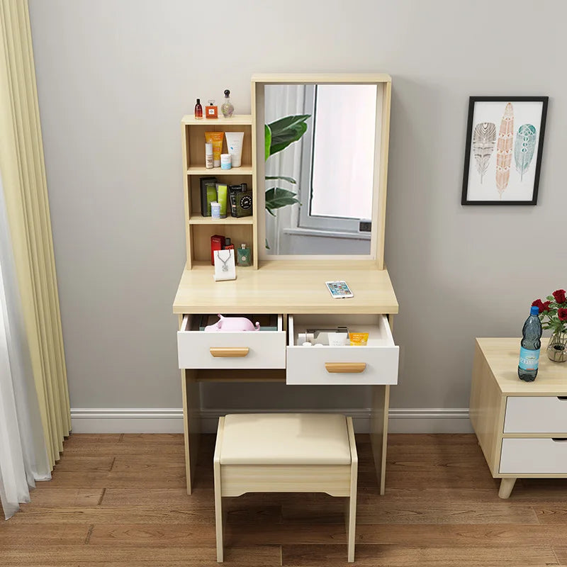 KTX-432403 Wooden Makeup Desk Vanity Set with Cushioned Stool and Round Mirror