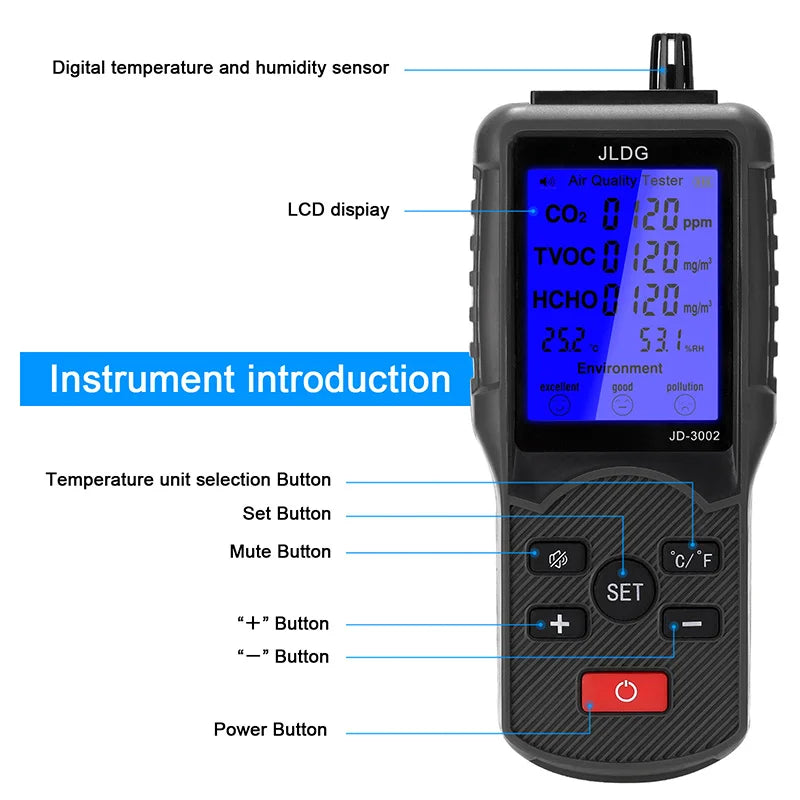 KTX-945811 Air Quality Tester with LCD - CO2, TVOC, HCHO Meter, Thermometer, and Humidity Monitor with Lithium Battery