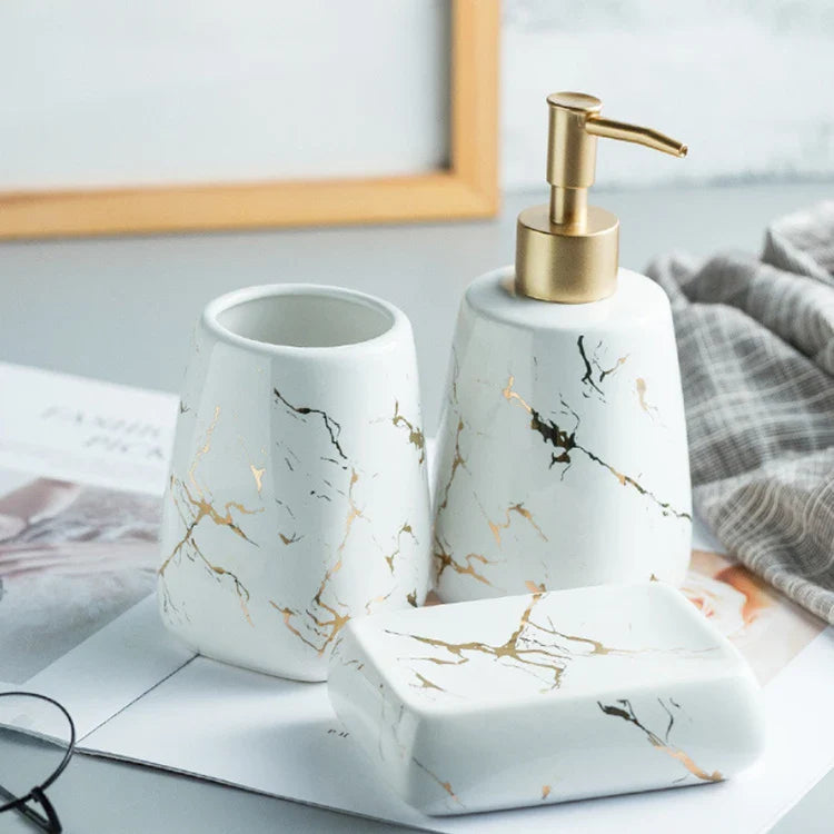KTX-595795 Nordic Glossed Ceramic Bathroom Accessories Set in White and Gold Marble Design