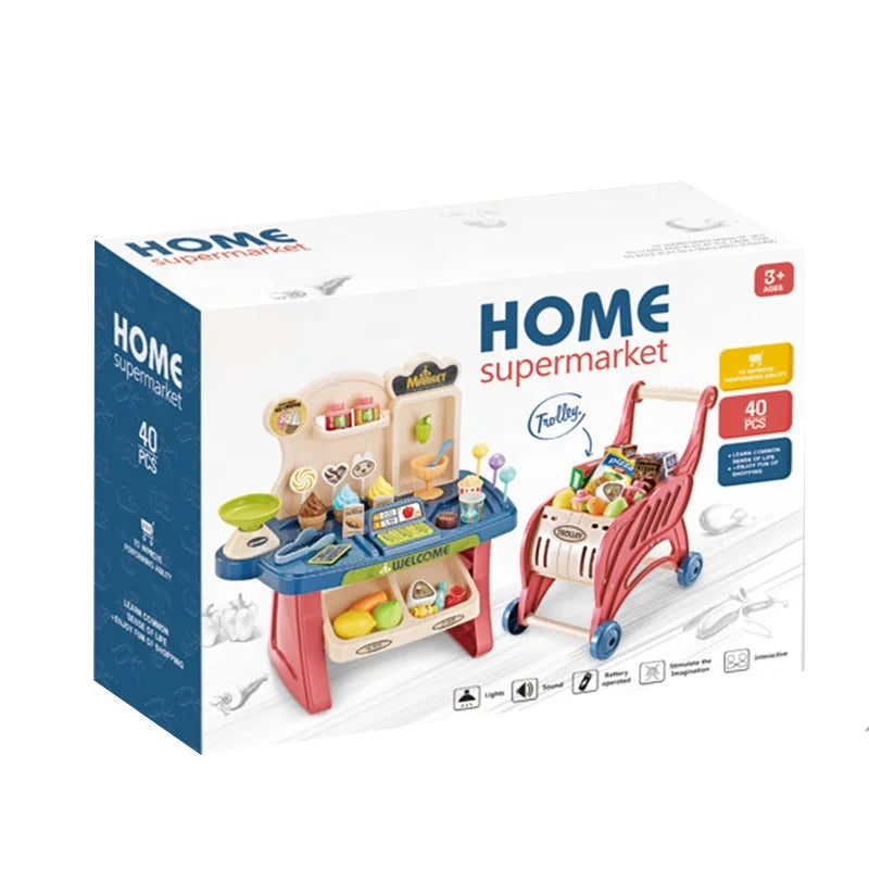 KTX-113427 Mini Plastic Cash Register Table and Shopping Cart Playset for Kids Ages 2-7