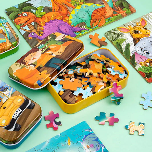 KTX-349331 60-Piece Educational Dinosaur Jigsaw Puzzle for Kids - Iron Box Wooden Puzzle Toys
