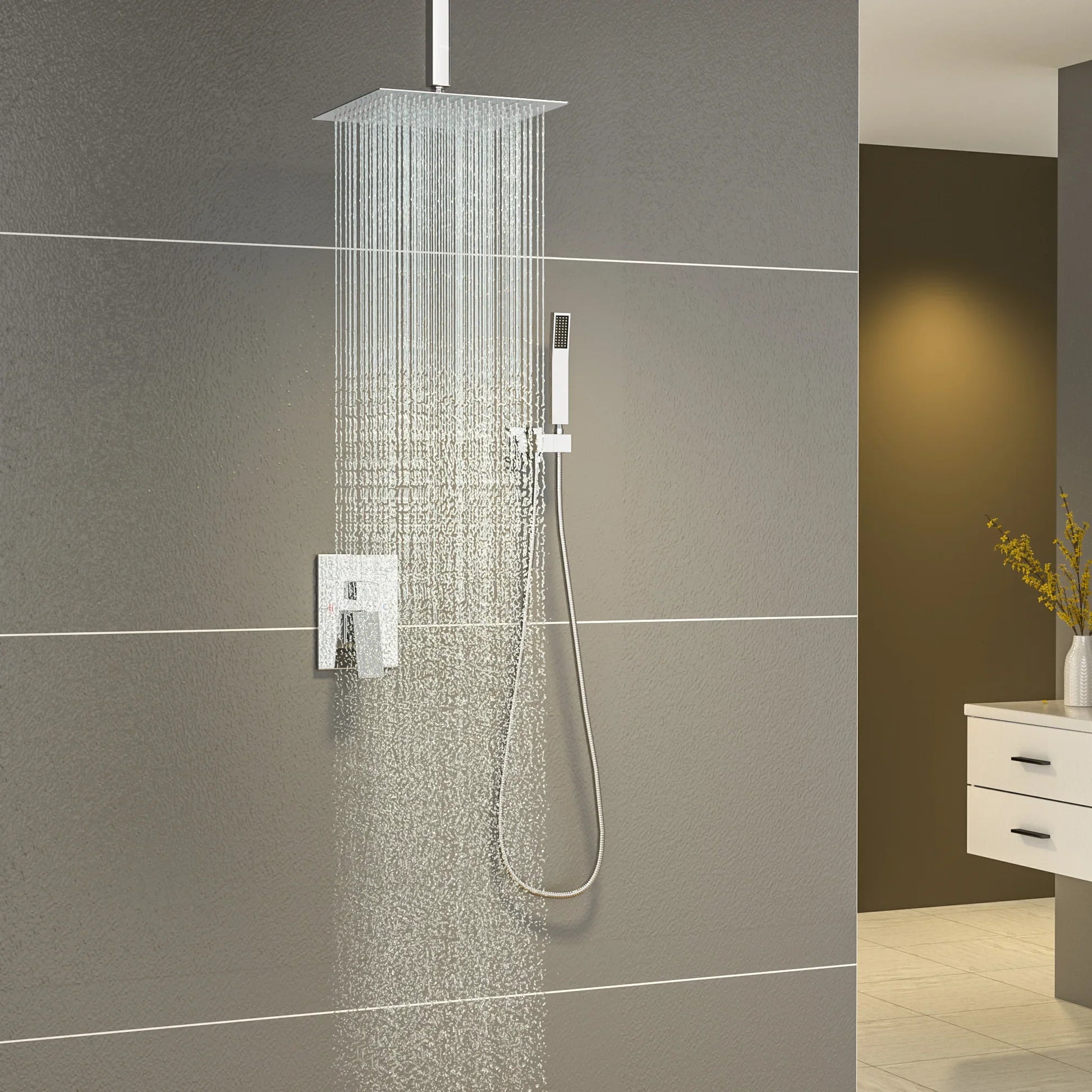 KTX-048403 16-Inch Rainfall Shower Head & Handheld Shower Faucet Combo Set, Ceiling Mounted for Luxurious Bath Experience