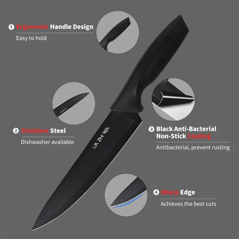 KTX-312851 15-Piece Professional Black Non-Stick Coating Stainless Steel Knife Block Set with Kitchen Scissor