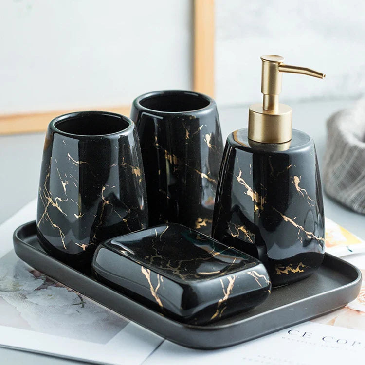 KTX-595795 Nordic Glossed Ceramic Bathroom Accessories Set in White and Gold Marble Design