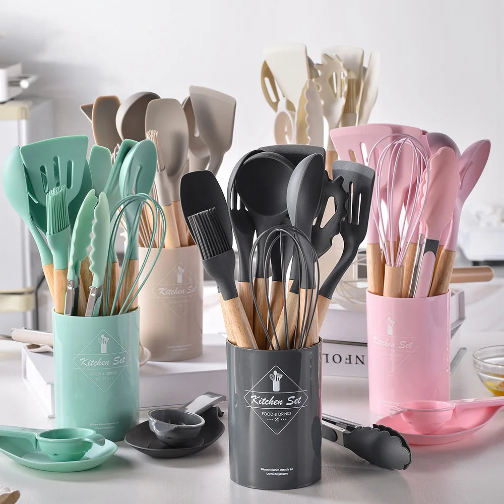 KTX-378387 Creamy White Wooden Handle Nonstick Silicone Kitchen Utensils - 11 Piece Cooking Tool Set