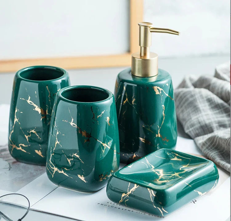 KTX-595795 Nordic Glossed Ceramic Bathroom Accessories Set in White and Gold Marble Design
