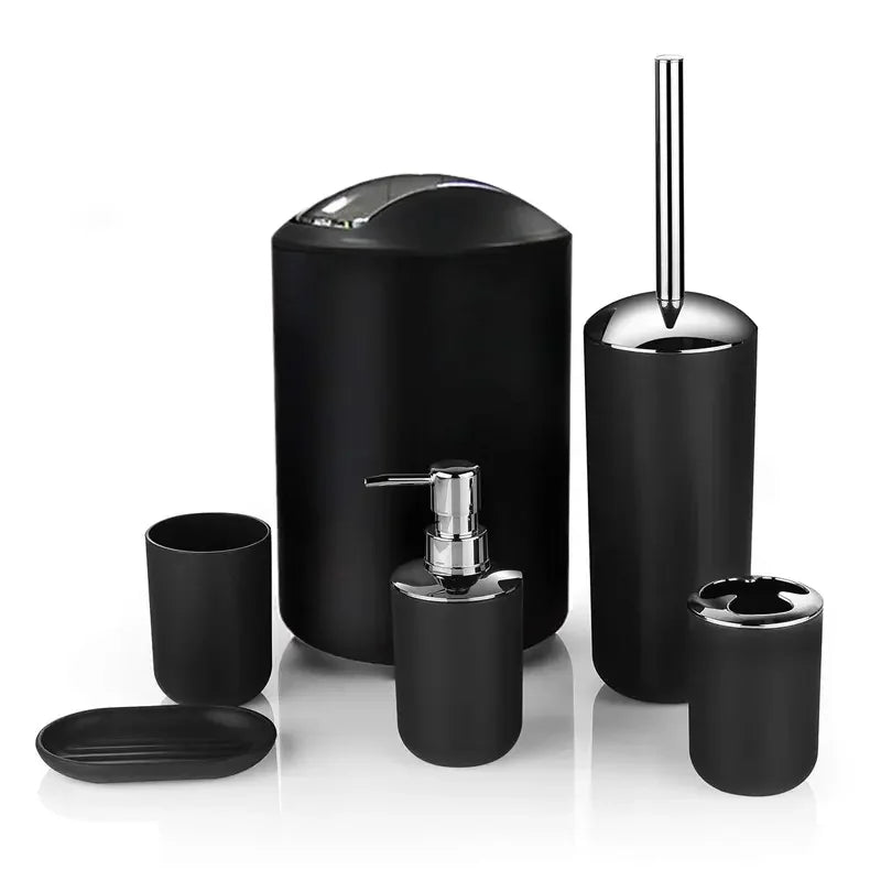 KTX-792403 6-Piece Black and White Plastic Bathroom Accessory Set for Modern Home Décor