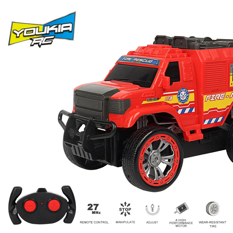 KTX-409491 Remote Control Red 27MHz Fire Truck Toy Car for Kids - 4WD, Indoor/Outdoor Use