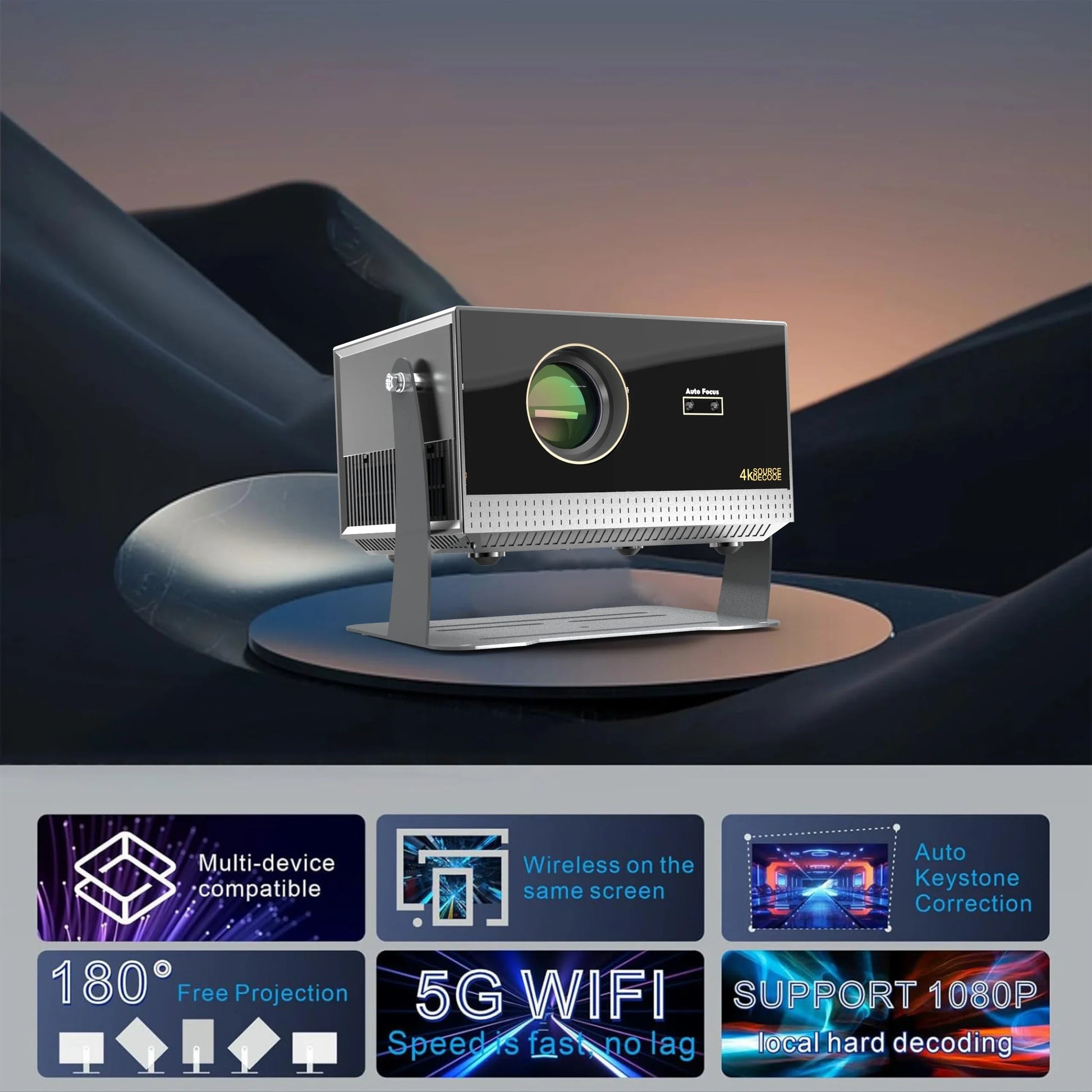KTX-203667 Portable 1080P Full HD Home Theater Projector with Auto Focus and 5G WiFi Connectivity