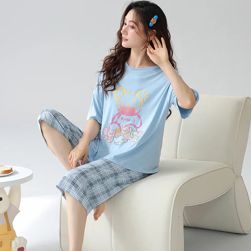 KTX-477203 Women's Cotton Short-sleeved Seven-point Pants Summer Home Service Suit Women's Loose Hedging Cartoon Pajamas