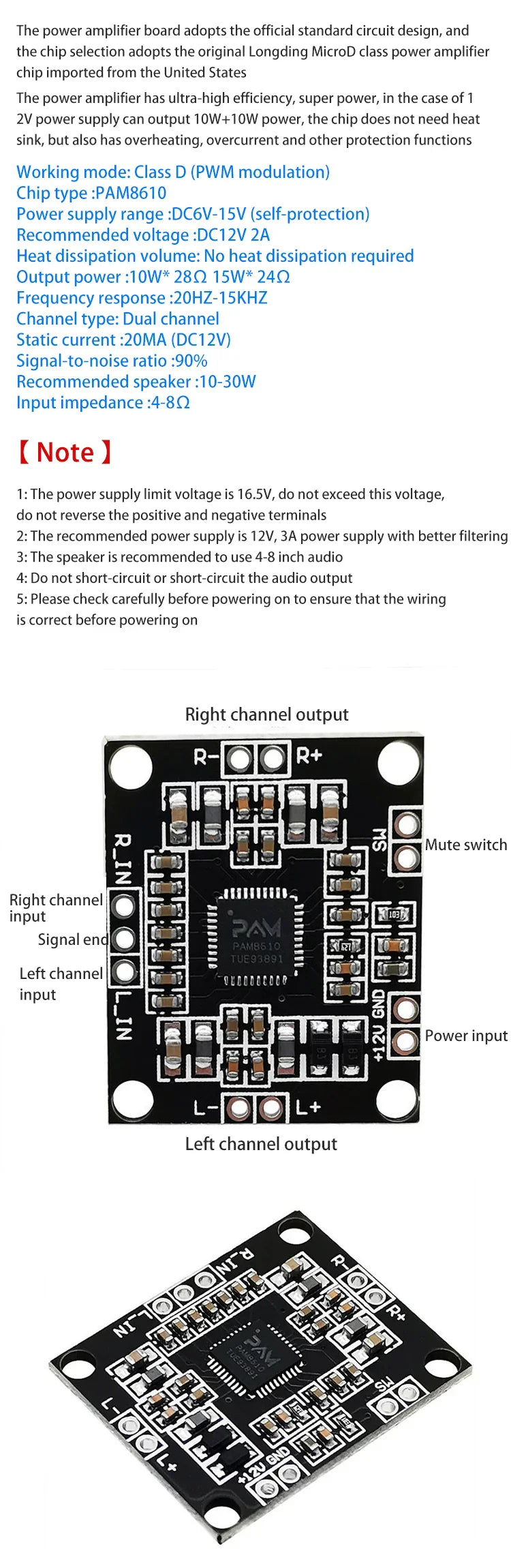 KTX-990099 PAM8610 Digital Power Amplifier Board 2 x 15W Dual Channel Stereo Class D Module