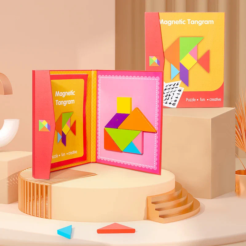 KTX-417171 Montessori Magnetic Tangram Puzzle - 3D Wooden Shape Building Blocks for Kids Learning