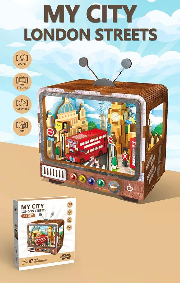 KTX-494291 Wooden 3D TV Set Building Puzzle Miniature Dollhouse DIY Kit for Creative Play