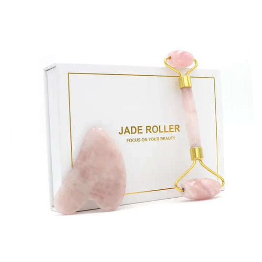 KTX-964051 Rose Quartz Facial Massage Roller and Gua Sha Set with Pouch and Gift Box