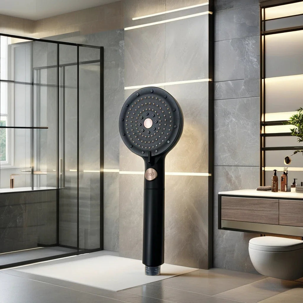 KTX-884563 3-Way Handheld Shower Head in Black ABS with Stop Button for Bathroom Use