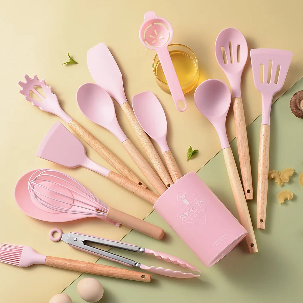KTX-378387 Creamy White Wooden Handle Nonstick Silicone Kitchen Utensils - 11 Piece Cooking Tool Set