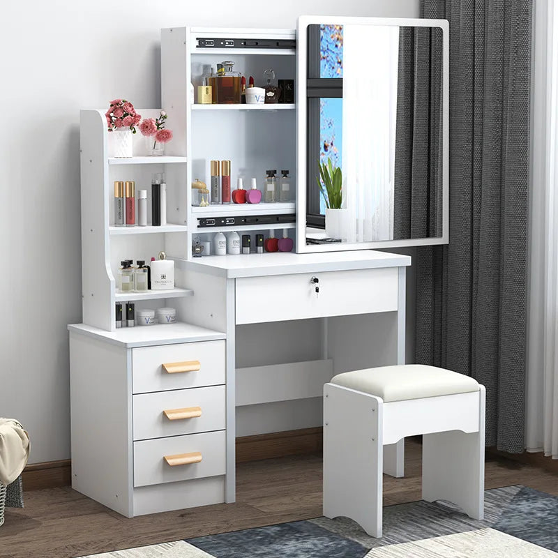 KTX-465171 Wooden Vanity Dressing Table Set with Cushioned Stool and Round Mirror