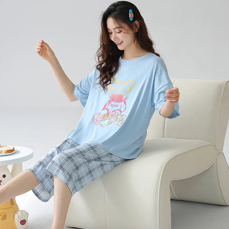 KTX-477203 Women's Cotton Short-sleeved Seven-point Pants Summer Home Service Suit Women's Loose Hedging Cartoon Pajamas