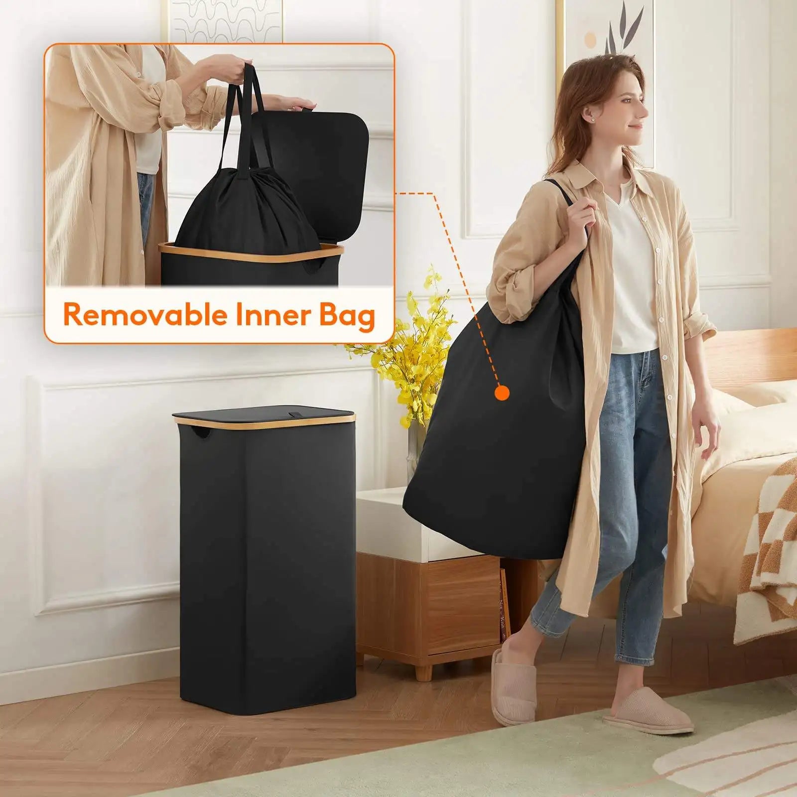 KTX-500115 Large Foldable 100L Laundry Basket with Lid and Bamboo Handles, Removable Laundry Bag Included