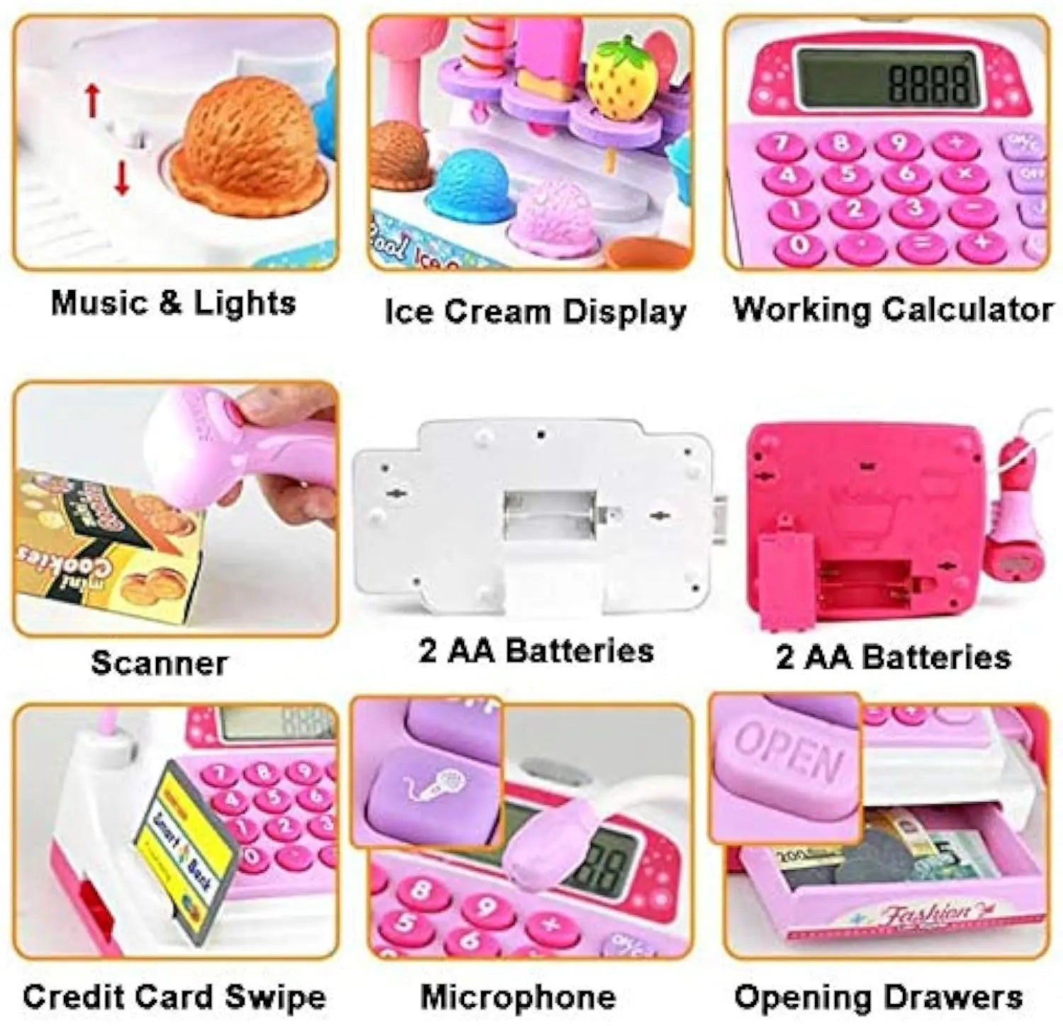 KTX-606099 Ice Cream Store Mini Cash Register Toy with Sound and Flashing Lights for Kids Ages 2-9