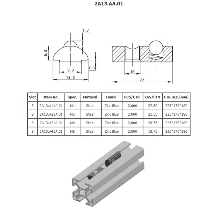 KTX-361427 Steel Half Round Spring Ball T Slot Nut M4 M5 M6 M8 for 30 40 Aluminium Profile