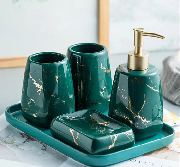 KTX-595795 Nordic Glossed Ceramic Bathroom Accessories Set in White and Gold Marble Design