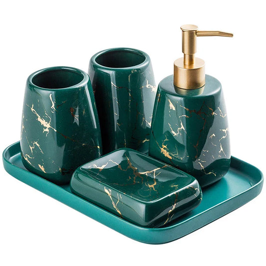 KTX-595795 Nordic Glossed Ceramic Bathroom Accessories Set in White and Gold Marble Design