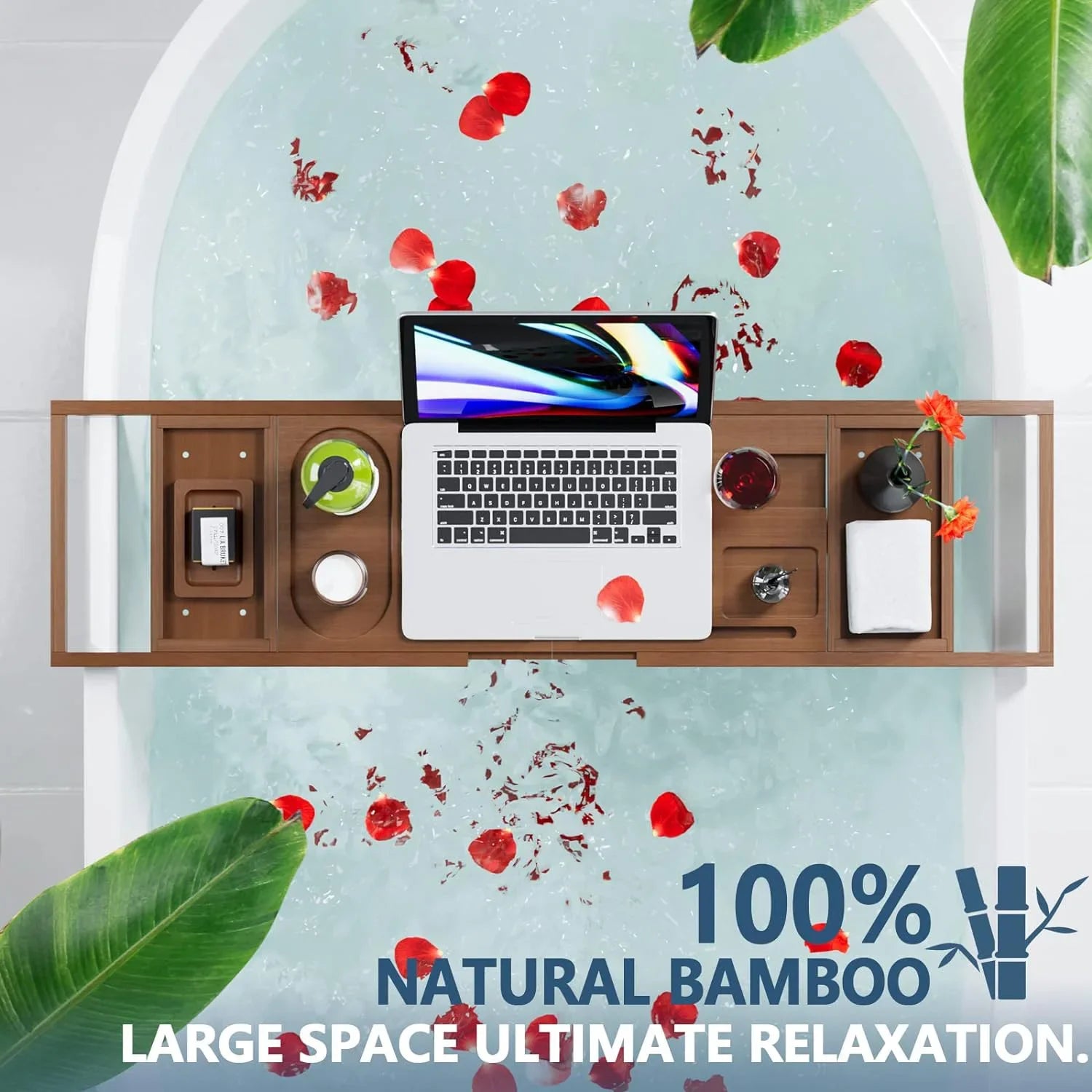 KTX-416147 Expandable Bamboo Bathtub Caddy Tray for Relaxing Bath Experience