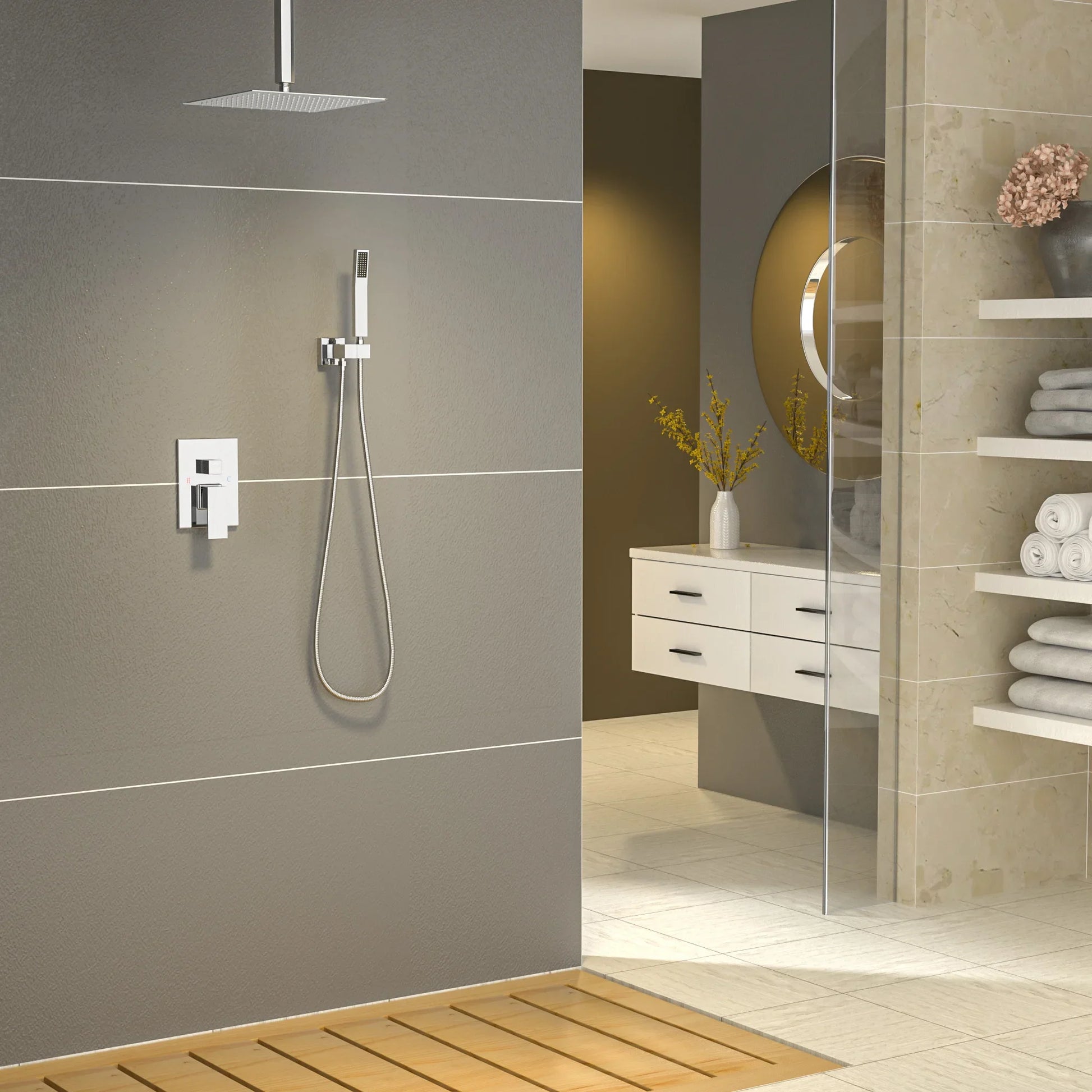 KTX-048403 16-Inch Rainfall Shower Head & Handheld Shower Faucet Combo Set, Ceiling Mounted for Luxurious Bath Experience