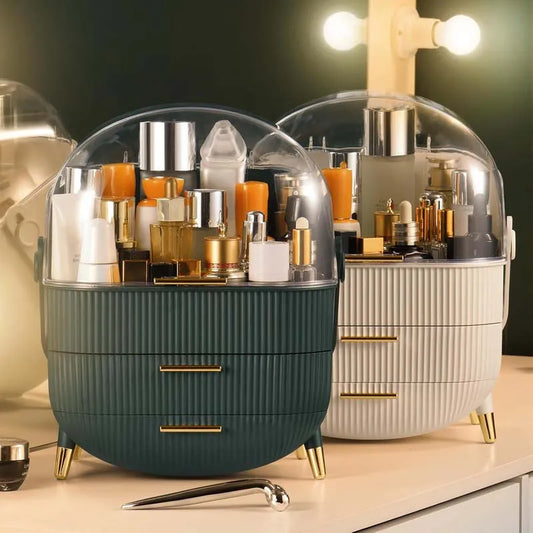 KTX-548691 360° Rotating Makeup Organizer with Lid and 2 Drawers – Space-Saving Skincare Storage Solution