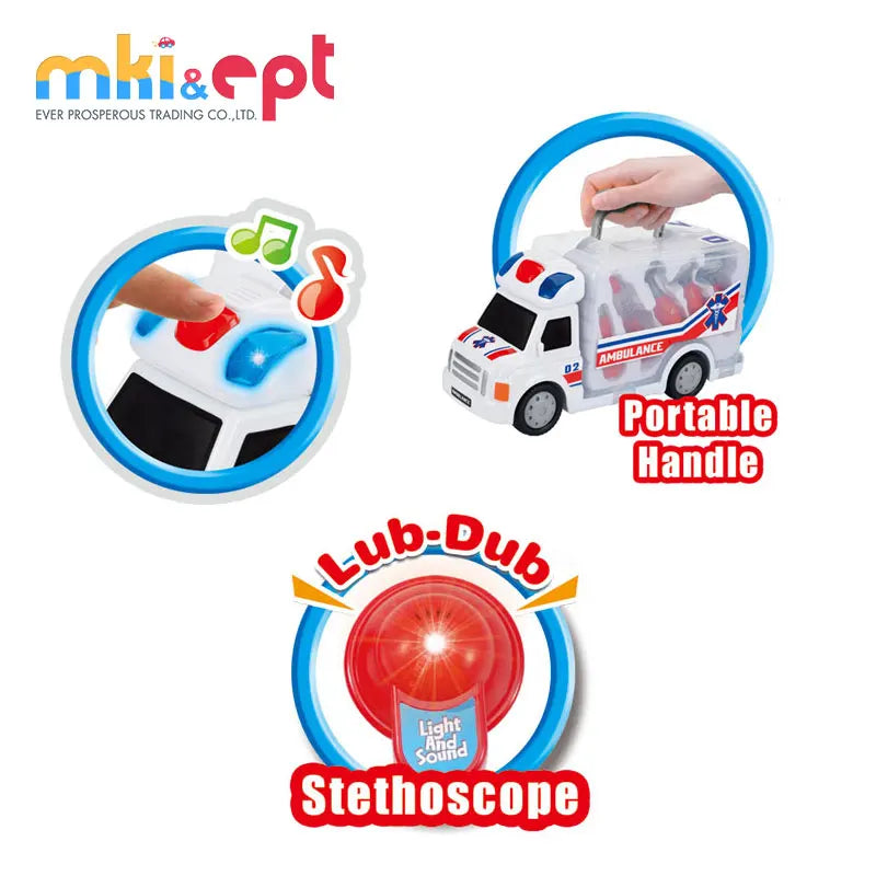 KTX-720211 Cartoon Musical Ambulance Toy Car with Medical Kit for Kids Ages 2-13