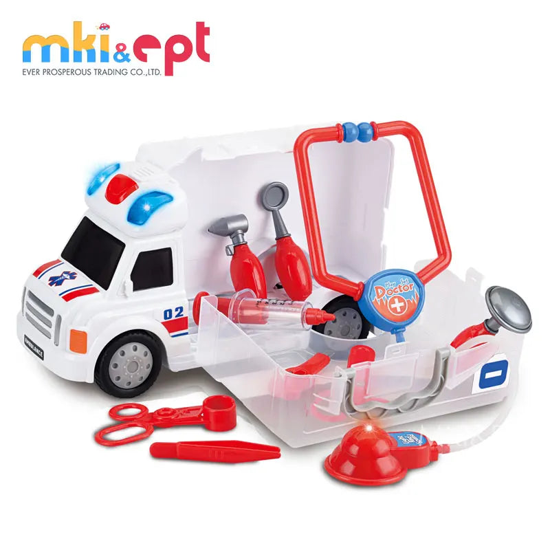 KTX-720211 Cartoon Musical Ambulance Toy Car with Medical Kit for Kids Ages 2-13