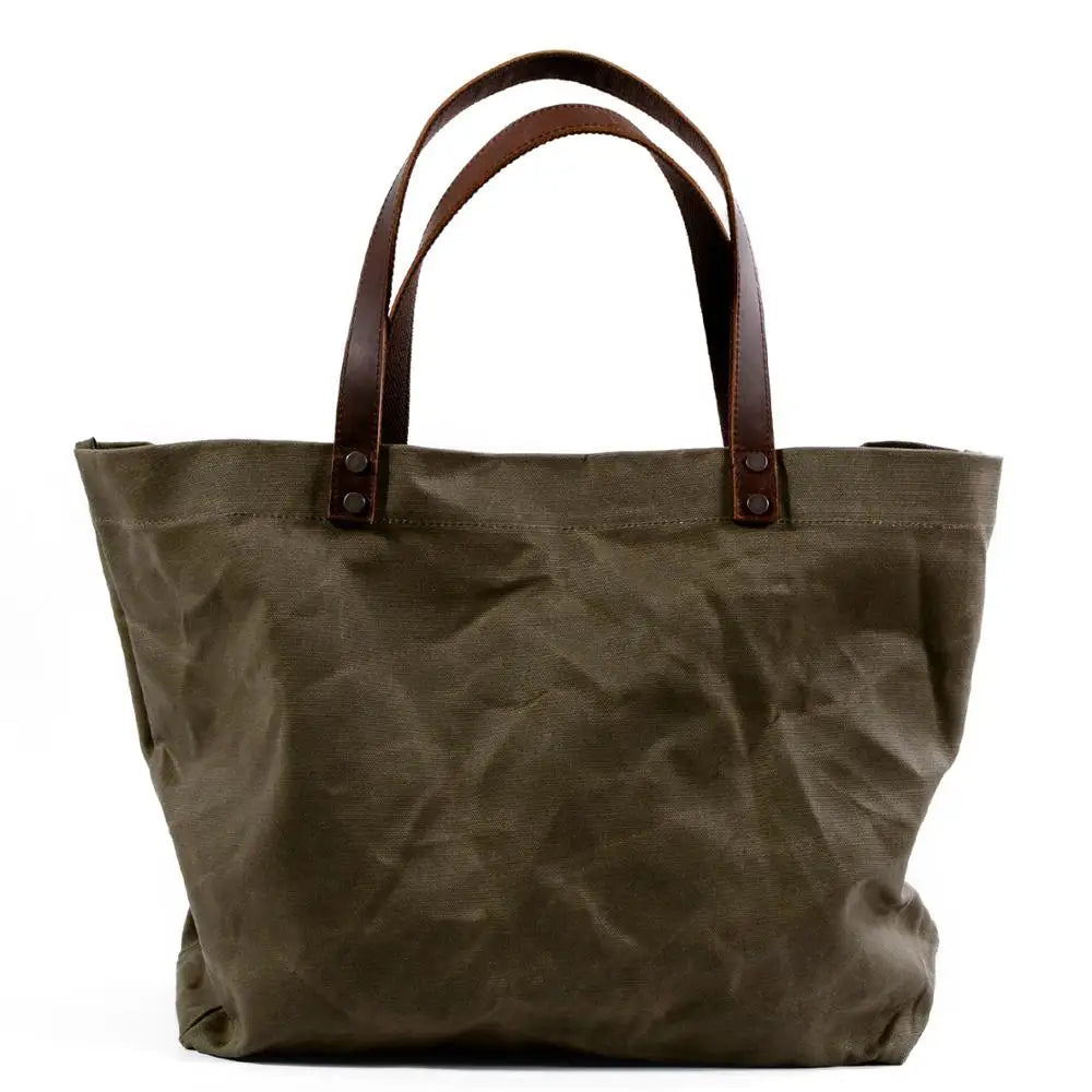 KTX-774931 Waterproof Oil Wax Canvas Shoulder Tote Bag with Cowhide Trimmings, Large Capacity