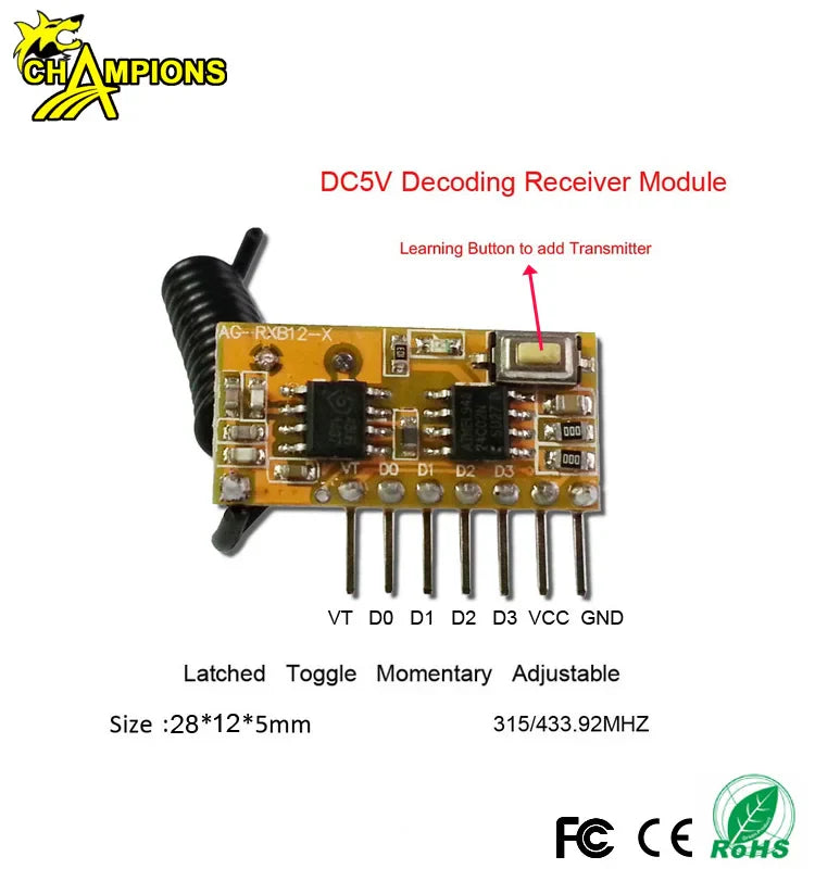 KTX-892947 Superheterodyne RF Wireless Receiver Module with Decoder AG-RXB12-X for Security Systems and Garage Doors