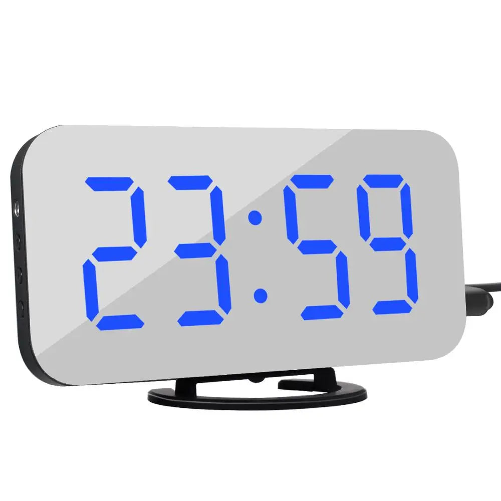 KTX-042195 Modern Digital LED Alarm Clock with Mirror Display and USB Charging Ports