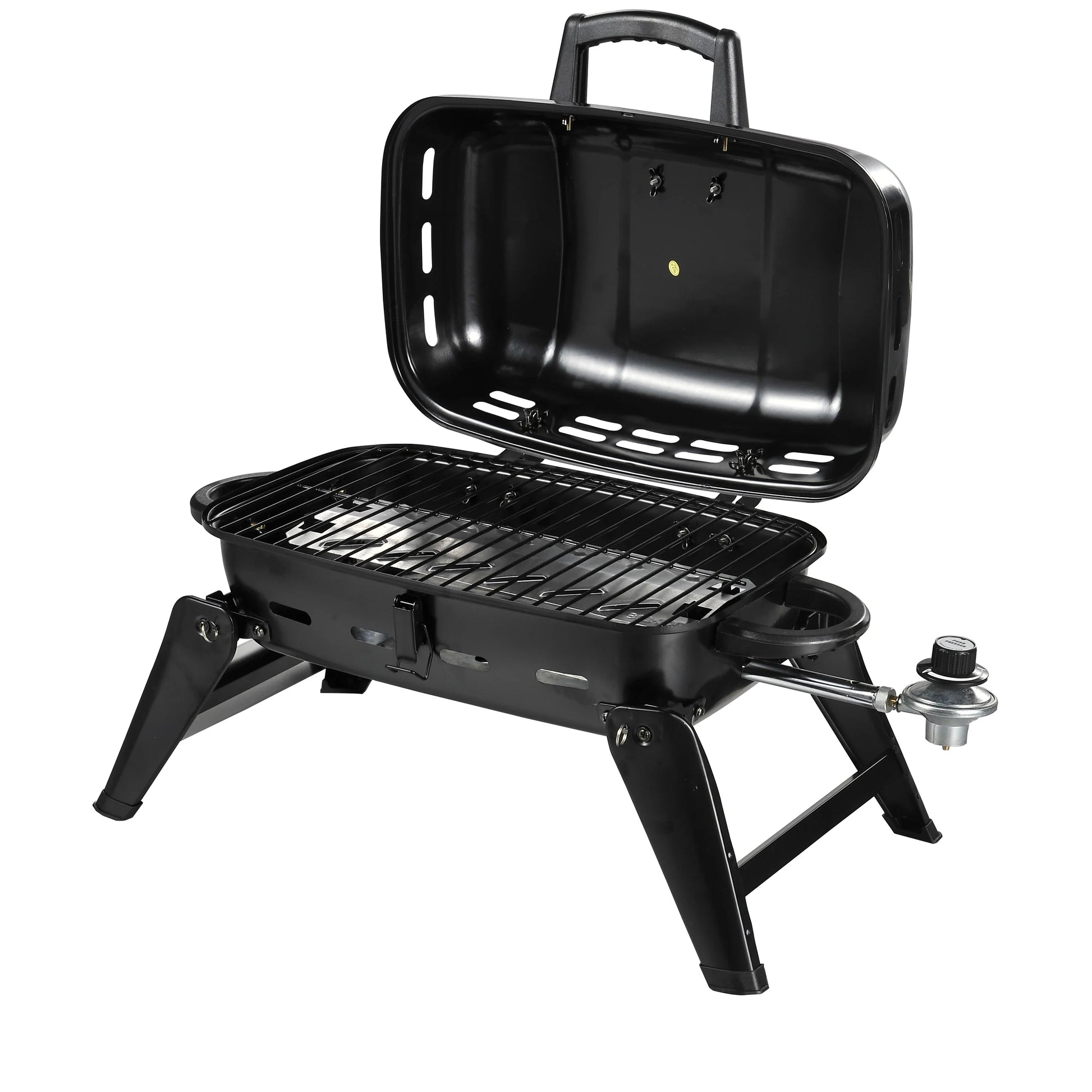 KTX-400275 Portable Gas Camping Grill with Porcelain Cooking Grid - Foldable Design for Easy Storage