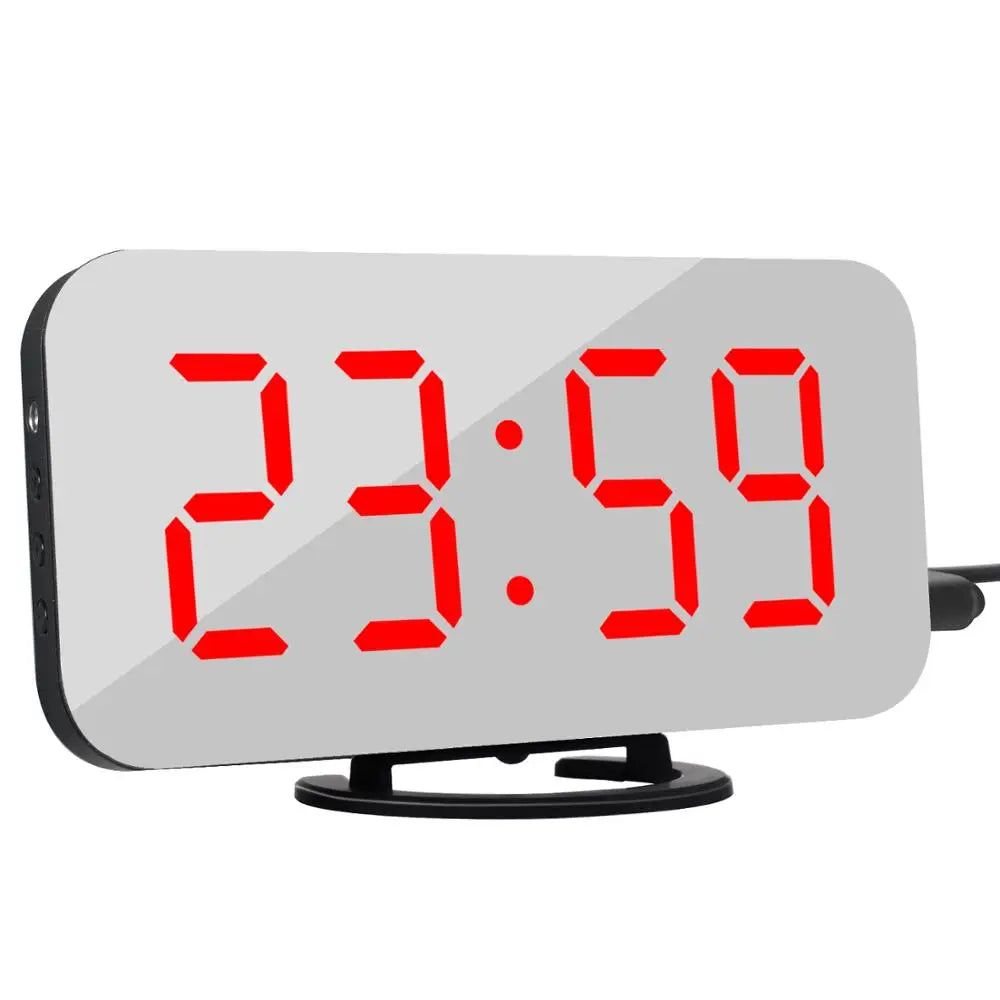 KTX-042195 Modern Digital LED Alarm Clock with Mirror Display and USB Charging Ports