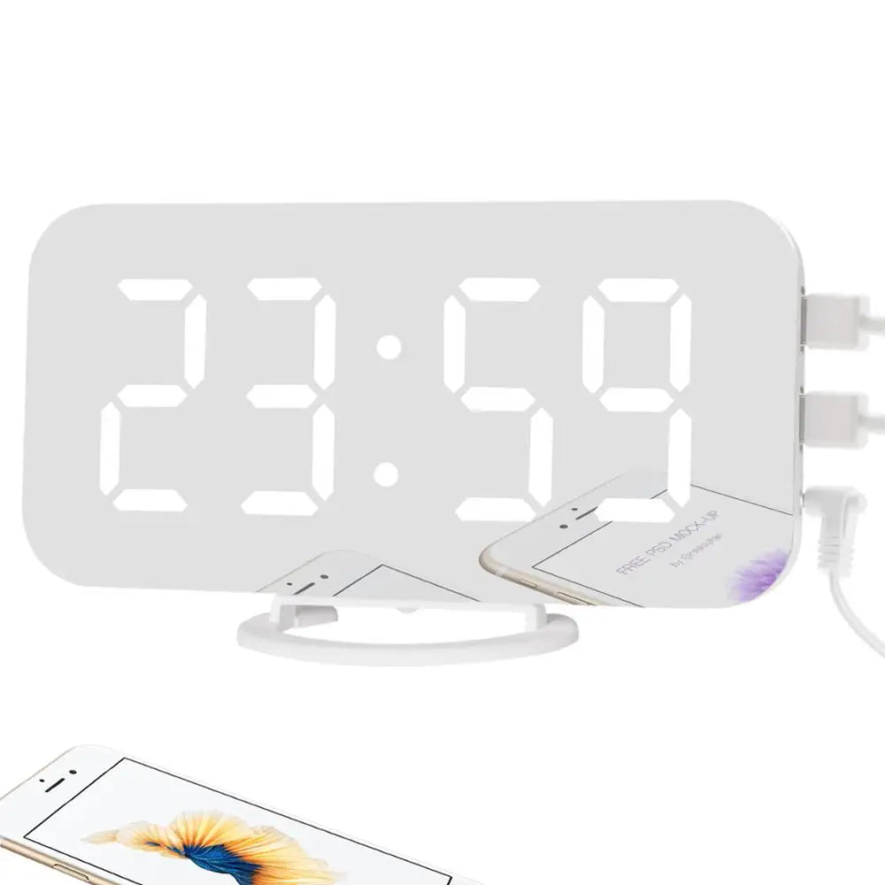 KTX-042195 Modern Digital LED Alarm Clock with Mirror Display and USB Charging Ports