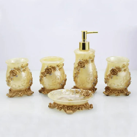 KTX-497491 Flower Pattern Polyresin Bathroom Accessory Set in Blue - Includes Lotion Dispenser, Toothbrush Holder, Soap Dish, Tumbler, Toilet Brush Holder, Amenity Tray, Tissue Cover, and Waste Bin