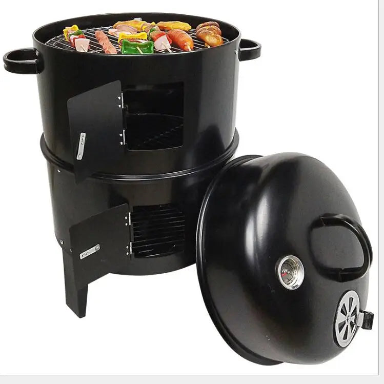 KTX-138131 3-in-1 Vertical Charcoal Smoker and Barbecue Grill, Smokeless Barrel Design