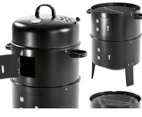 KTX-138131 3-in-1 Vertical Charcoal Smoker and Barbecue Grill, Smokeless Barrel Design