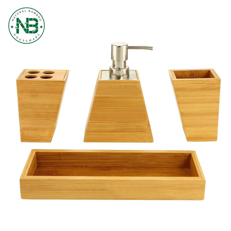 KTX-464723 Bamboo 4-Piece Bathroom Accessory Set with Soap Dispenser, Toothbrush Holder, and Tray