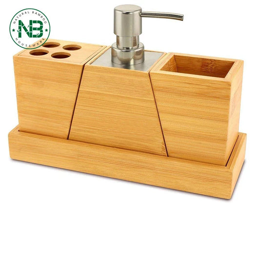 KTX-464723 Bamboo 4-Piece Bathroom Accessory Set with Soap Dispenser, Toothbrush Holder, and Tray
