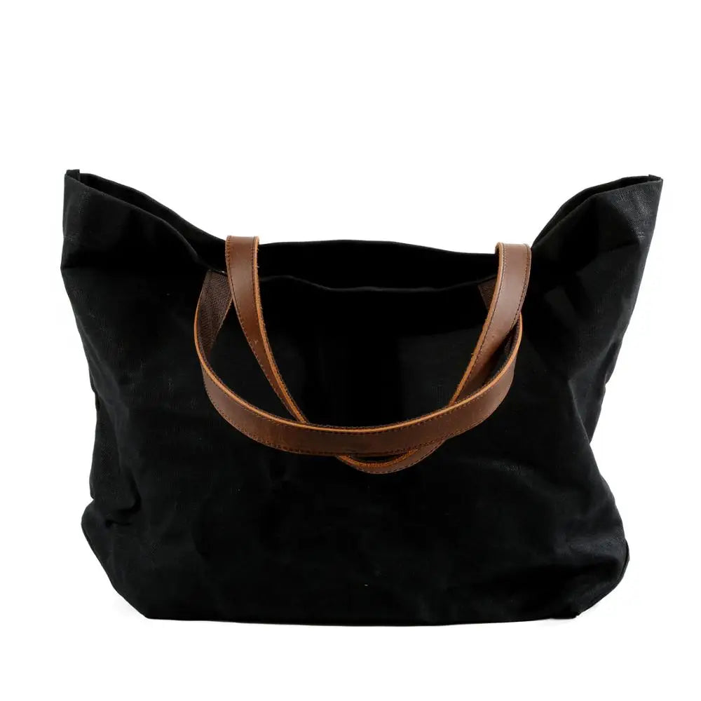 KTX-774931 Waterproof Oil Wax Canvas Shoulder Tote Bag with Cowhide Trimmings, Large Capacity